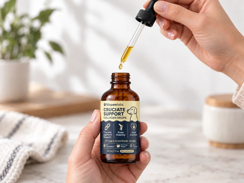 Hands measuring Biopawlabs collagen drops with the full-length glass dropper