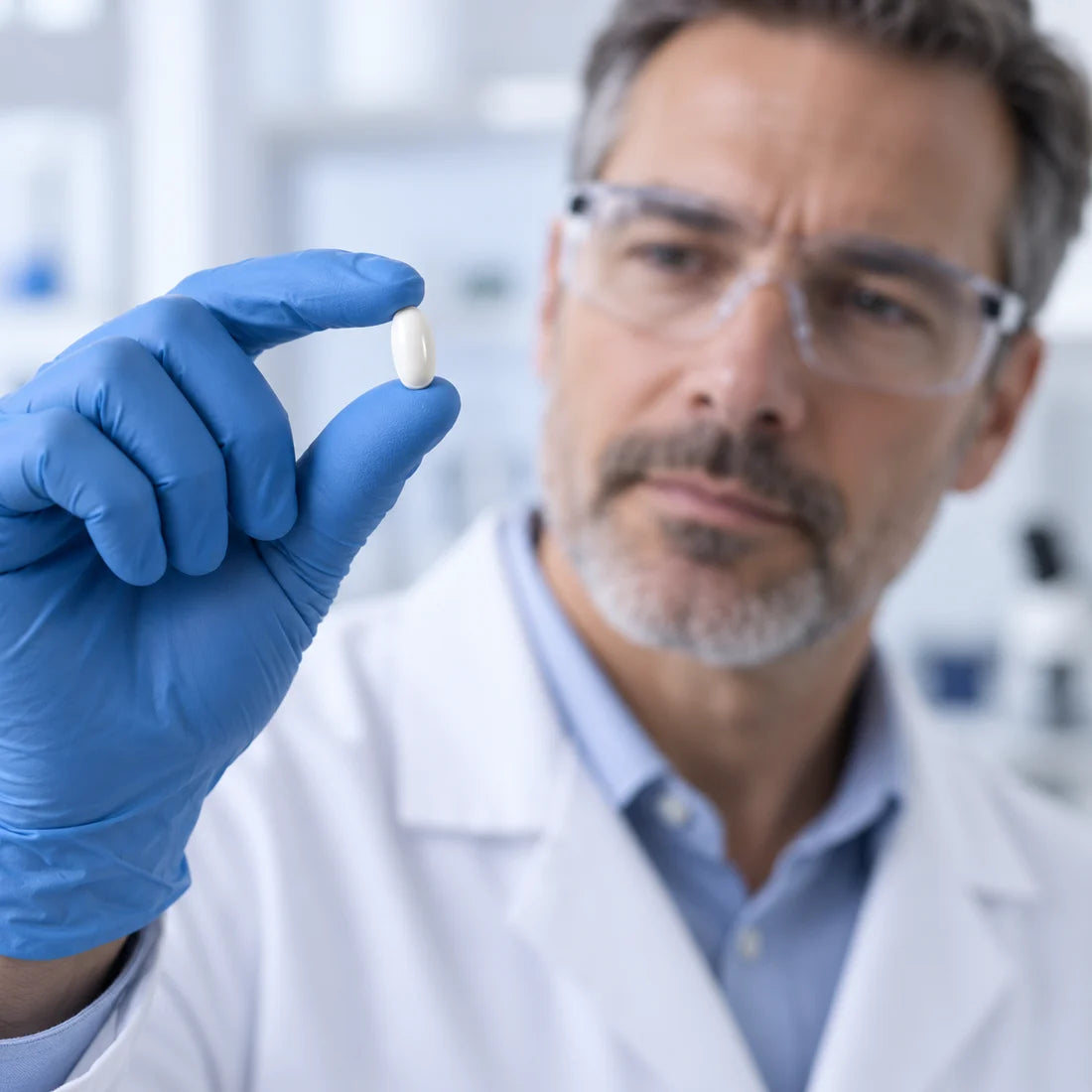 Illustrative lab technician holding a white softgel