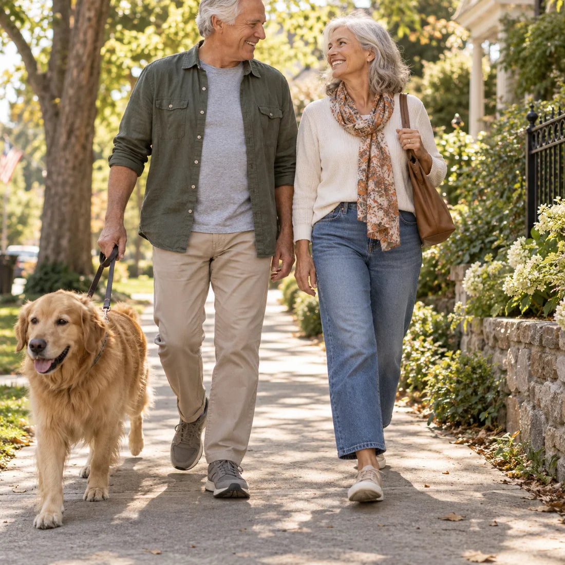 Illustrative couple enjoying a neighborhood walk